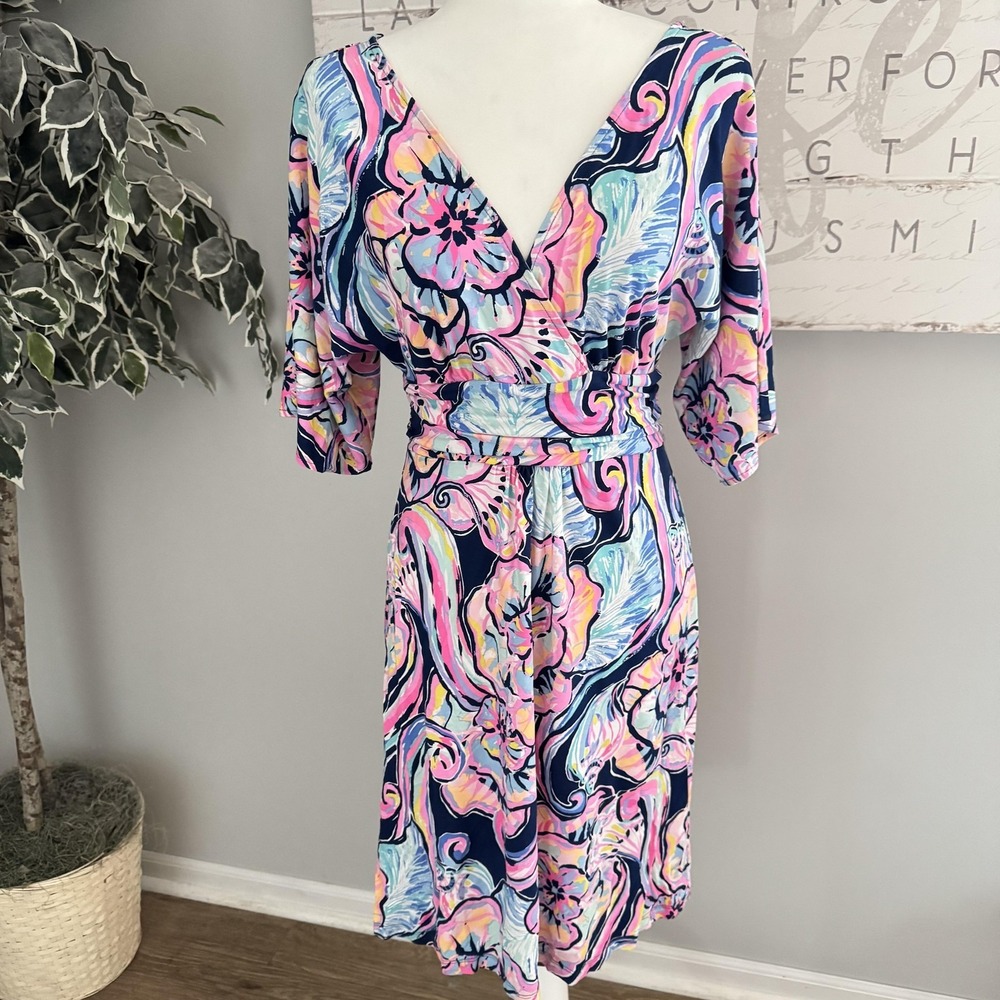 Lilly Pulitzer Dress Womens Small Multicolor Floral Wrap 3/4β Sleeve Knee Length
